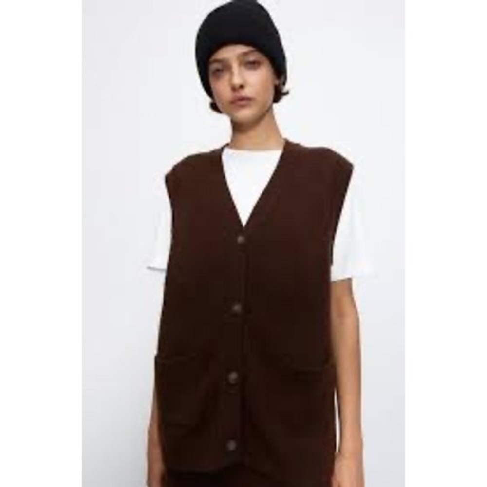 Zara Women Brown Llama Blend Oversized Knit Button Front Sweater Vest Small